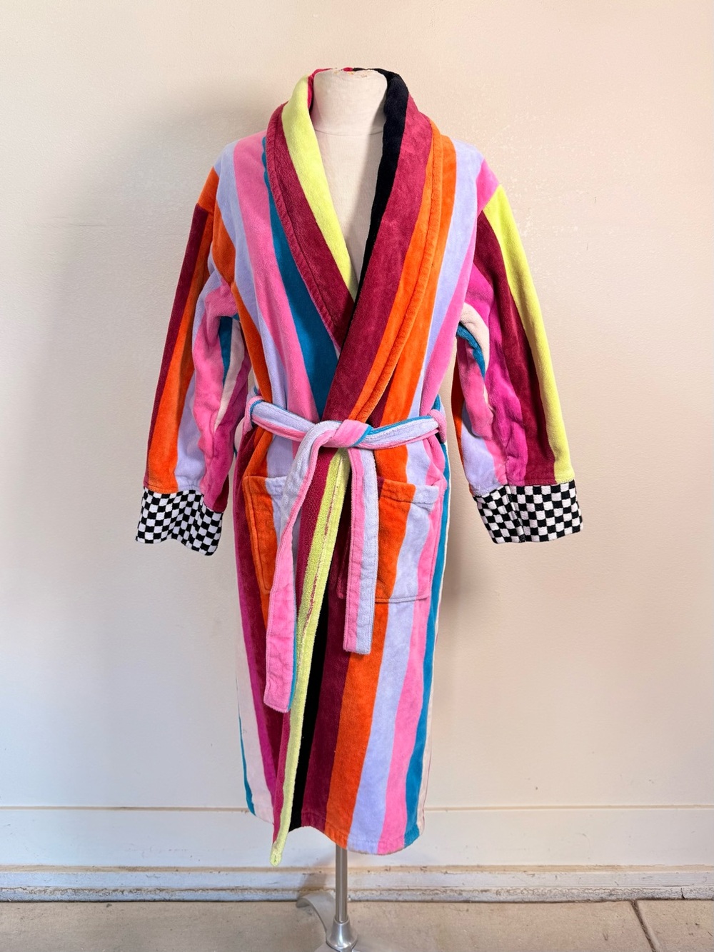 McKenzie Childs Bath Robe Cotton Whimsy Checkered Towel House Robe Thick Small